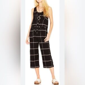 NWT Free People Gauzy Black Plaid Sleeveless Tank Cropped Jumpsuit Sz M